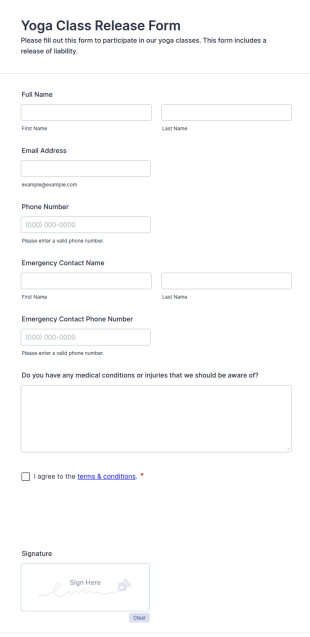 Yoga Class Release Form Template