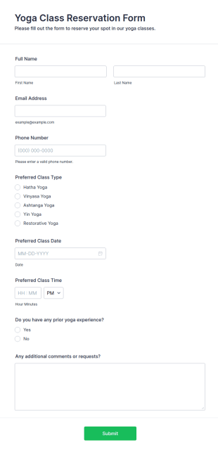 Yoga Class Reservation Form Template