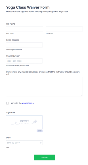 Yoga Class Waiver Form Template