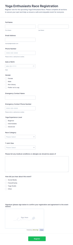 Yoga Enthusiasts Race Registration Form Template