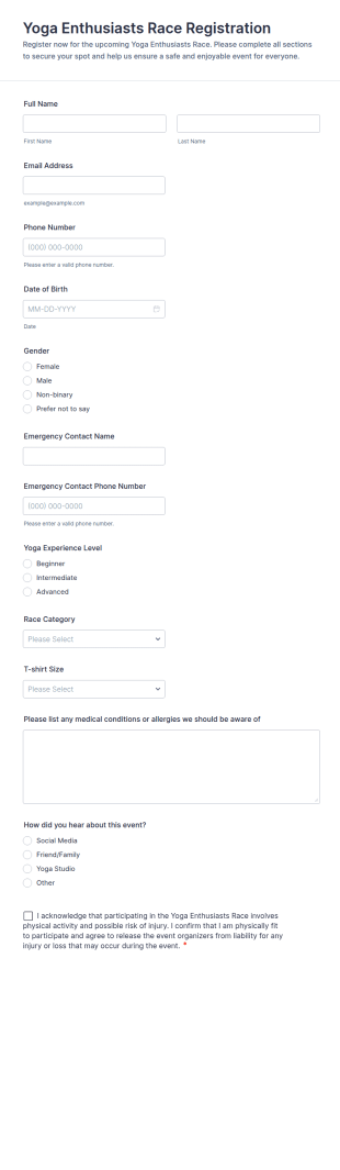 Yoga Enthusiasts Race Registration Form Template