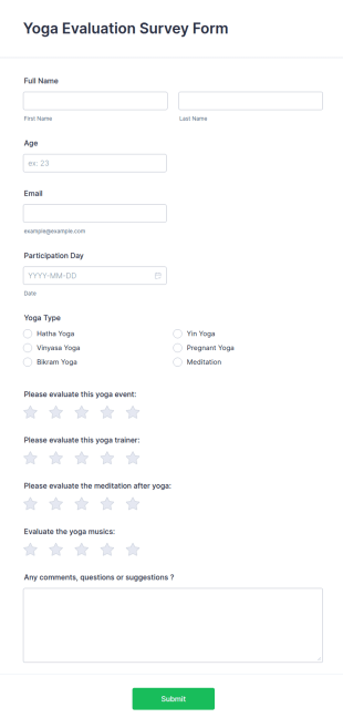 Yoga Evaluation Survey Form Template