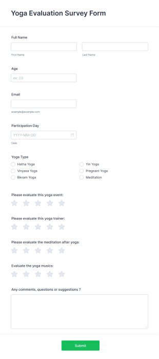Yoga Evaluation Survey Form Template