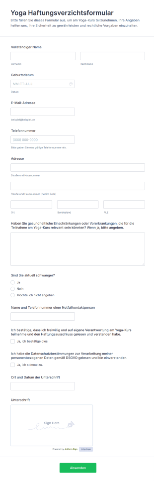 Yoga Haftungsverzichtsformular Form Template