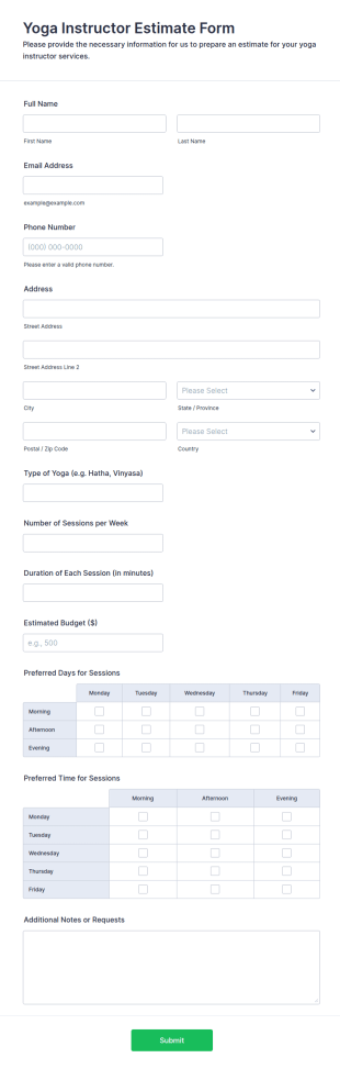 Yoga Instructor Estimate Form Template