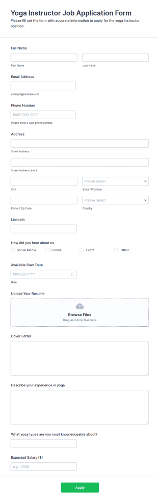 Yoga Instructor Job Application Form Template
