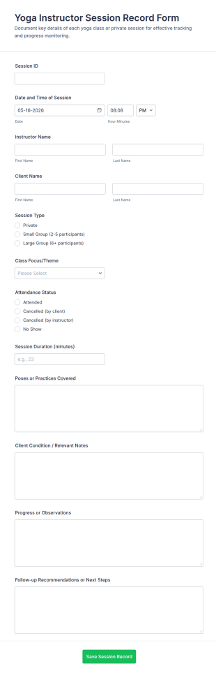 Yoga Instructor Session Record Form Template
