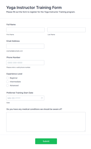 Yoga Instructor Training Form Template