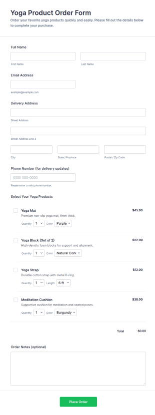 Yoga Product Order Form Template
