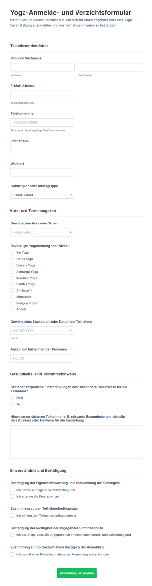 Yoga Registrierung Und Haftungsverzichtsformular