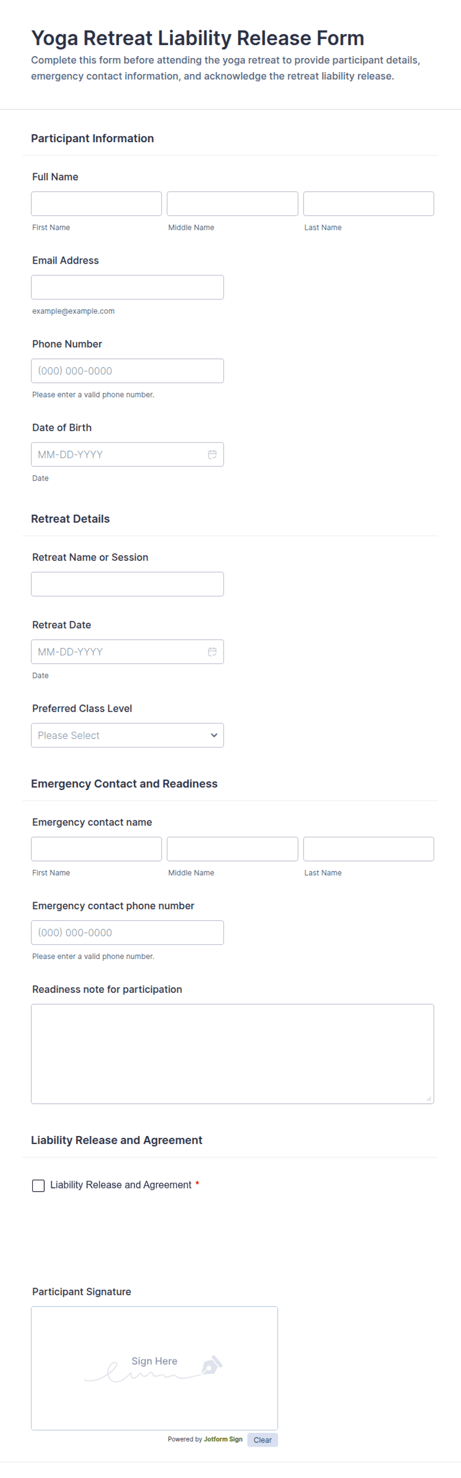 Yoga Retreat Liability Release Form Template | Jotform