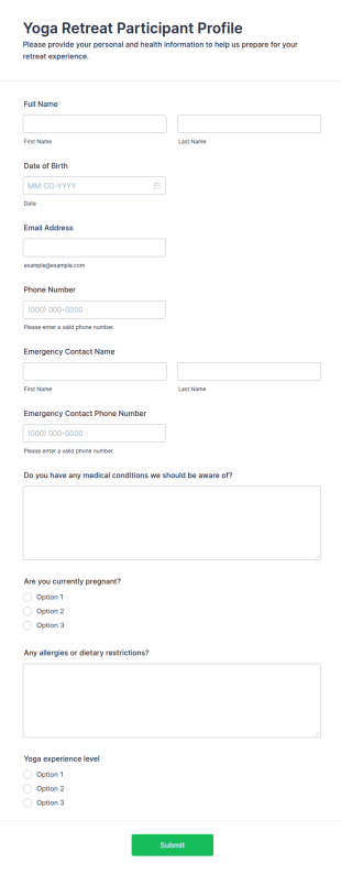 Yoga Retreat Participant Profile Form Template