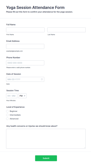 Yoga Session Attendance Form Template