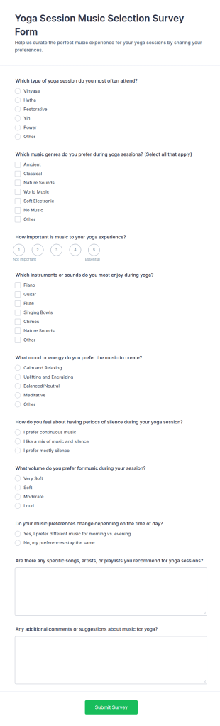 Yoga Session Music Selection Survey Form Template