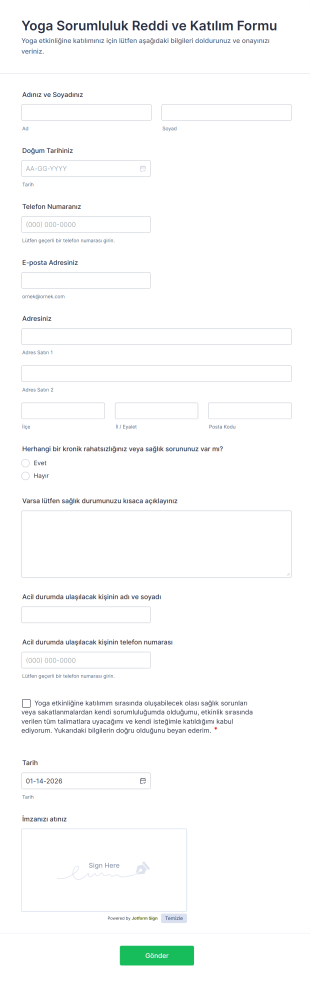 Yoga Sorumluluk Reddi Ve Katılım Form Template