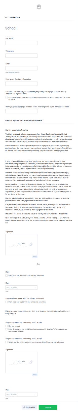Yoga Student Waiver Agreement Form Template