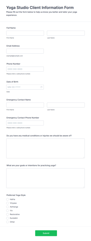 Yoga Studio Client Information Form Template