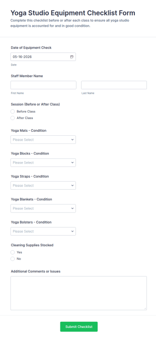 Yoga Studio Equipment Checklist Form Template