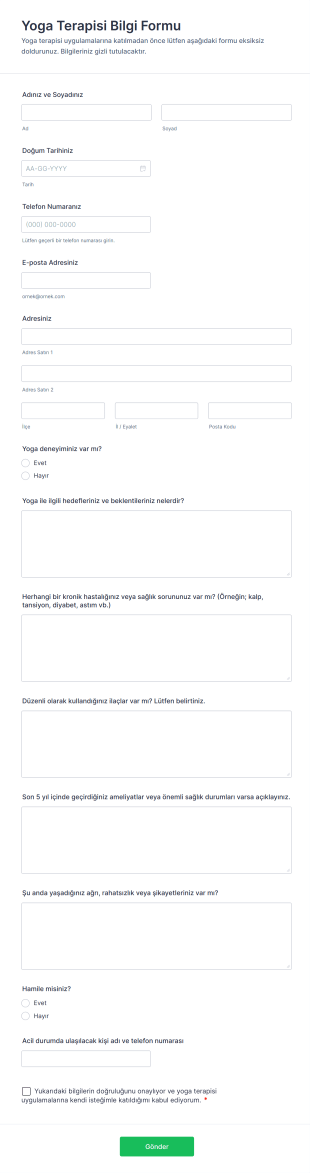 Yoga Terapisi Bilgi Form Şablonu
