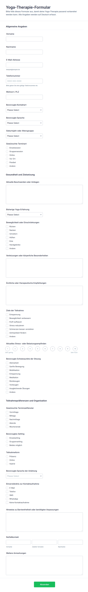 Yoga Therapie Aufnahmebogen
