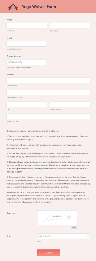 Yoga Waiver Form Template