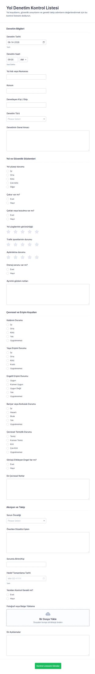 Yol İnceleme Kontrol Listesi Form Şablonu