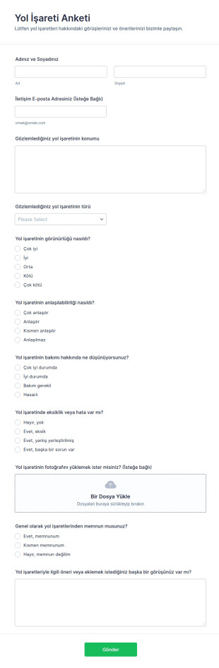 Yol İşaretleri Anketi Form Şablonu