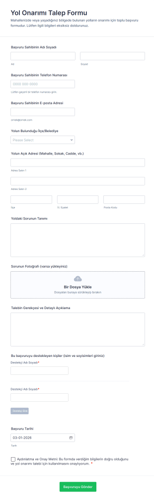 Yol Onarımı Talep Form Şablonu