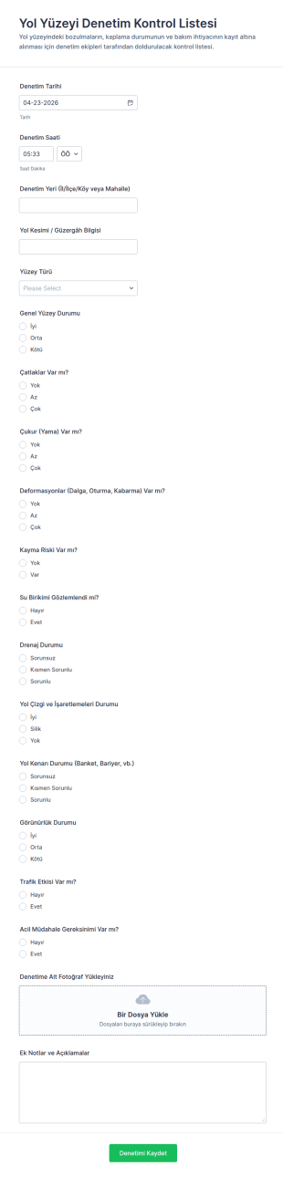Yol Yüzeyi Denetim Form Şablonu