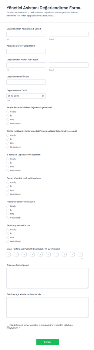 Yönetici Asistanı Değerlendirme Form Template