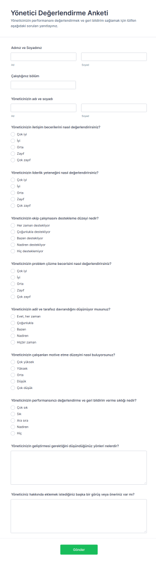 Yönetici Değerlendirme Anketi Form Şablonu