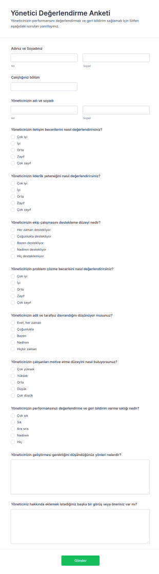 Yönetici Değerlendirme Anketi Form Şablonu