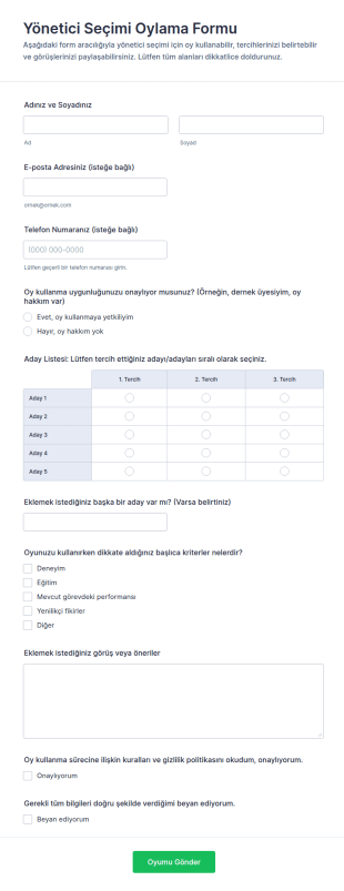Yönetici Seçimi Anketi Form Şablonu