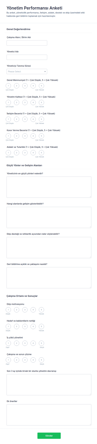 Yönetim Performans Değerlendirme Anketi Form Şablonu