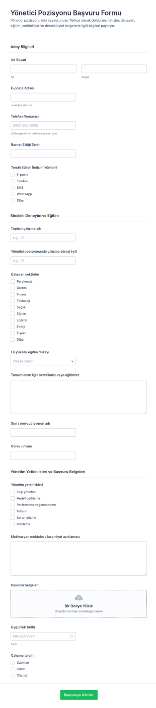 Yönetim Pozisyonu Başvuru Form Şablonu