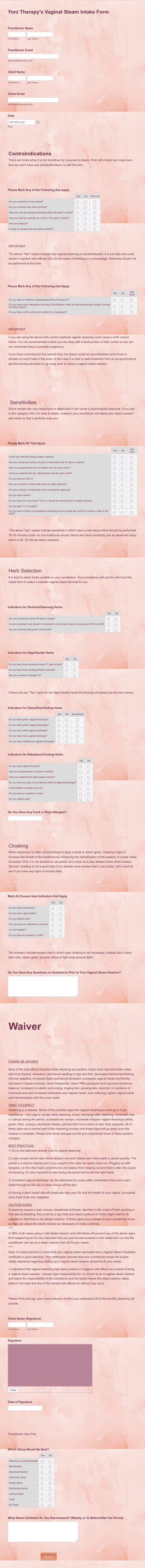 Yoni Therapys Vaginal Steam Intake Form Template