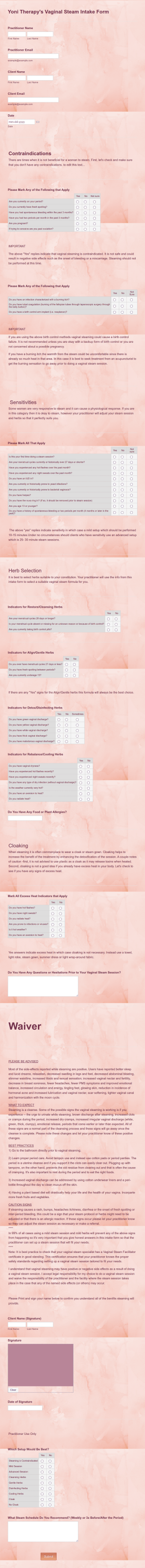 Yoni Therapys Vaginal Steam Intake Form Template