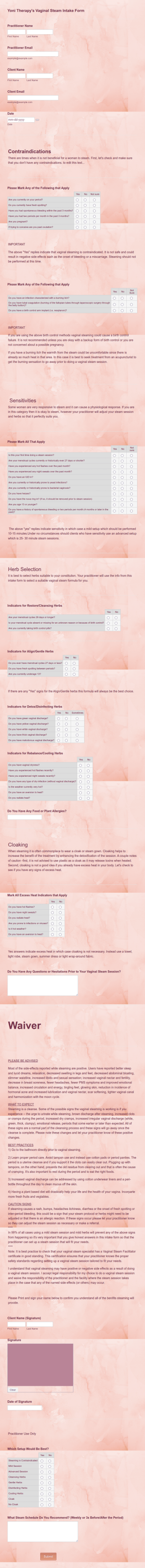 Yoni Therapys Vaginal Steam Intake Form Template