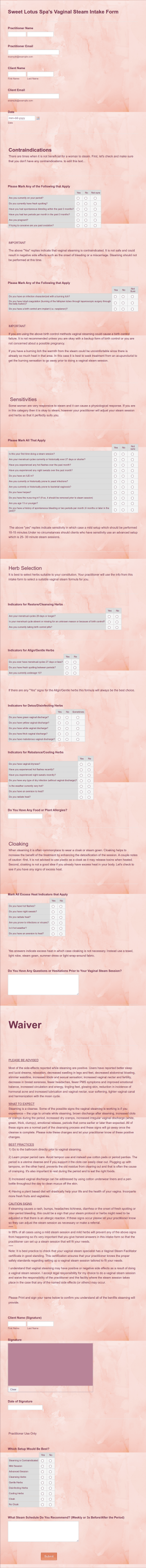 YoniVaginal Steam Intake Form Template