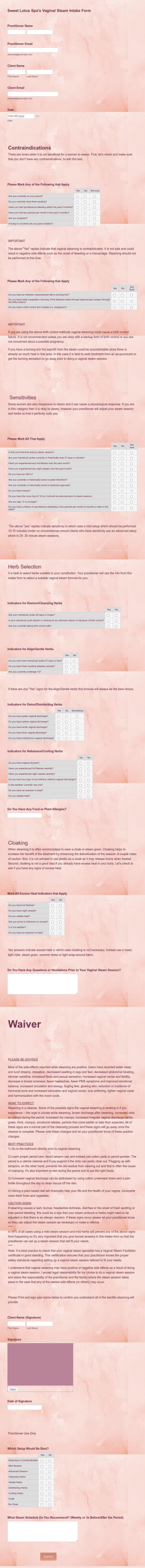 YoniVaginal Steam Intake Form Template