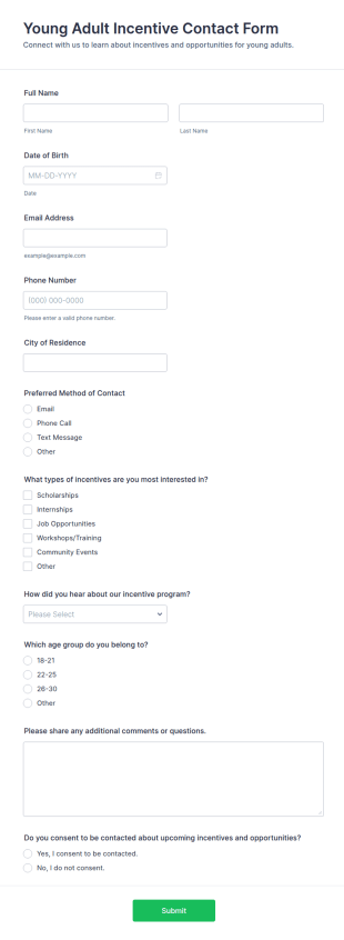 Young Adult Incentive Contact Form Template