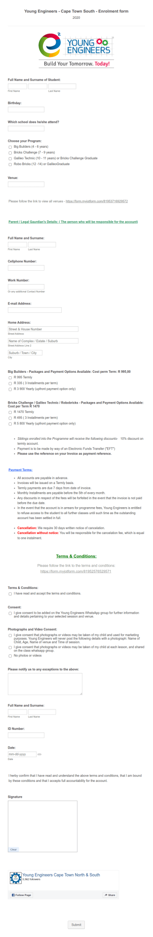 Young Engineers Cape Town South Enrolment Form Template