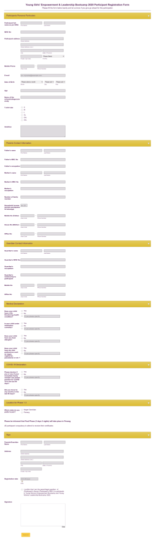 Young Girls' Empowerment & Leadership Bootcamp 2020 Participant Registration Form Template