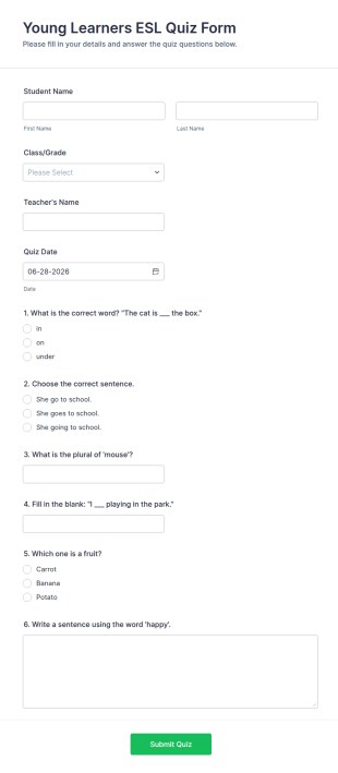 Young Learners ESL Quiz Form Template