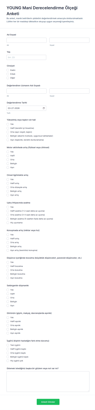 YOUNG Mani Derecelendirme Ölçeği Anketi Form Şablonu