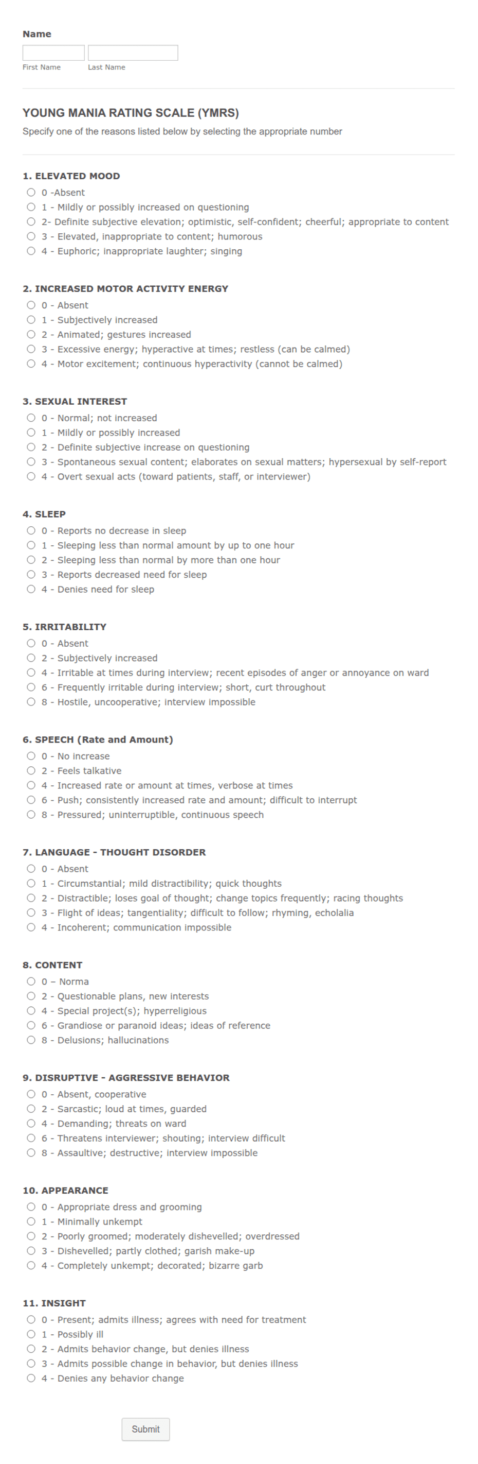 Mania Scale Young Mania Rating Scale (Ymrs) Form Template | Jotform