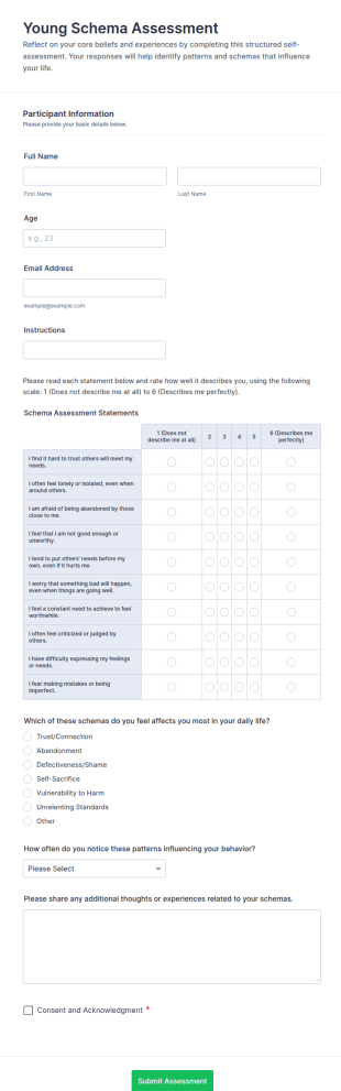 Young Schema Assessment Form Template
