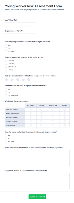 Young Worker Risk Assessment Form Template