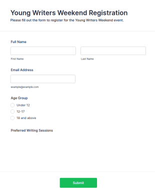 Young Writers Weekend Registration Form Template