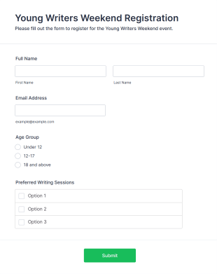 Young Writers Weekend Registration Form Template